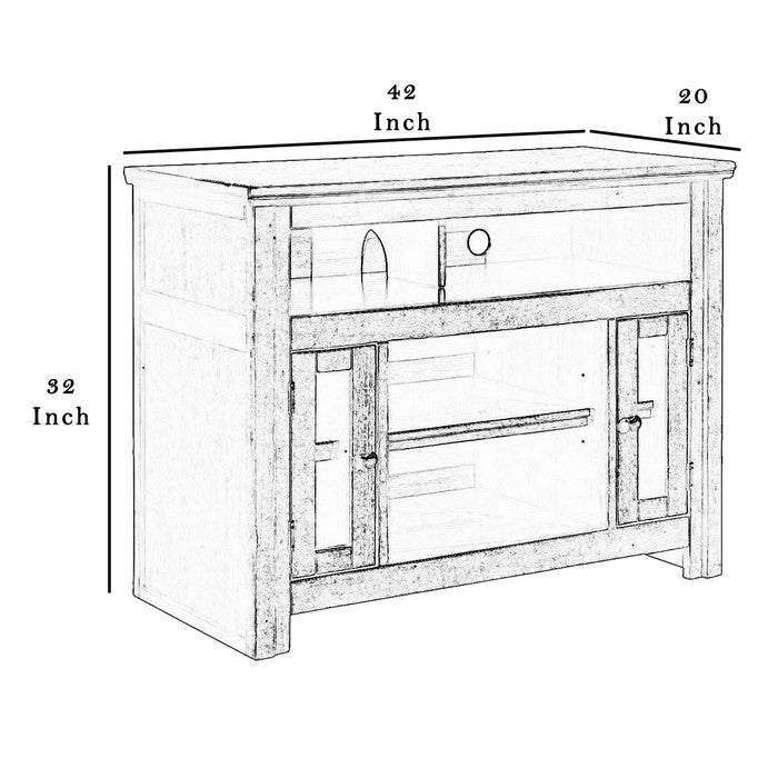 Wooden TV Stand with Two Glass Inserted Door Cabinets and Open Shelves, Brown