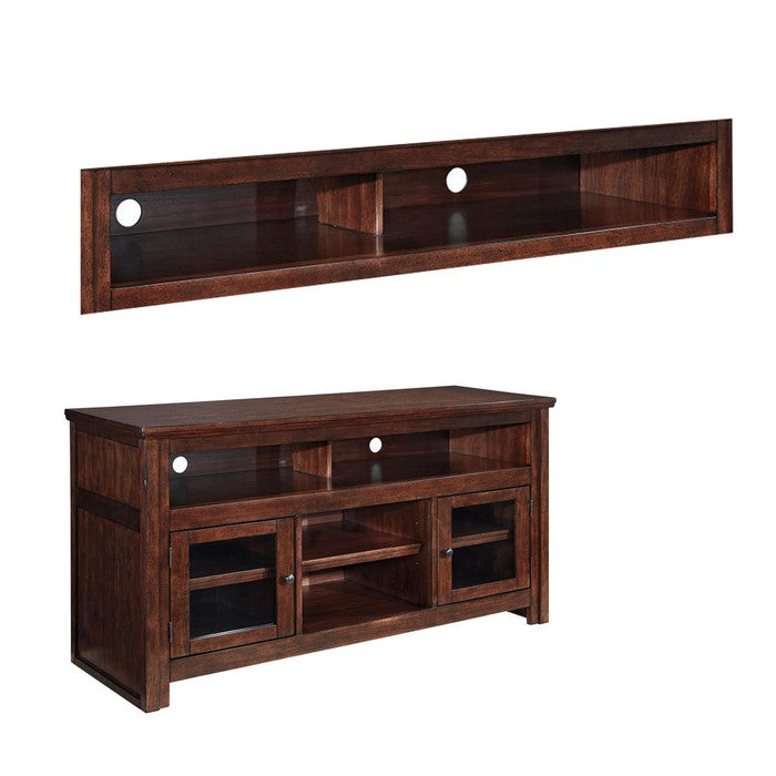 Wooden TV Stand with Two Glass Inserted Door Cabinets and Open Shelves, Large, Brown