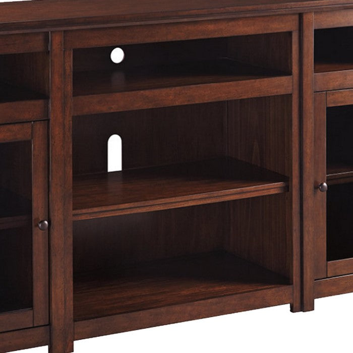 Wooden Frame TV Stand with 5 Open Compartments and 2 Doors, Cherry Brown