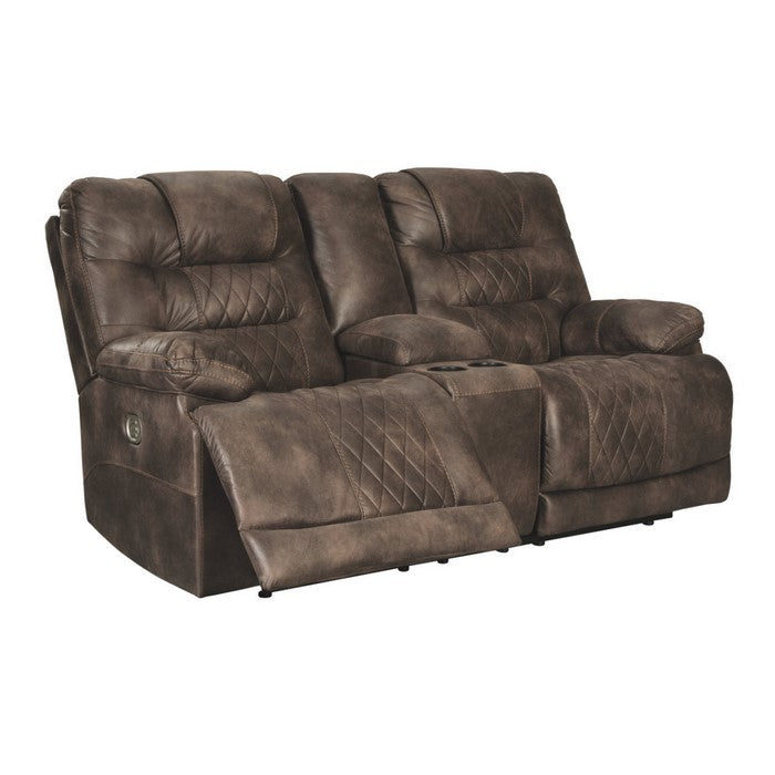 Leatherette Upholstered Metal Power Reclining Loveseat with Console and Adjustable Headrest, Brown