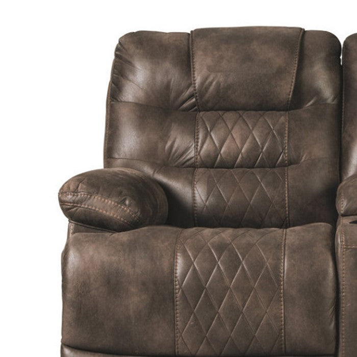 Leatherette Upholstered Metal Power Reclining Loveseat with Console and Adjustable Headrest, Brown