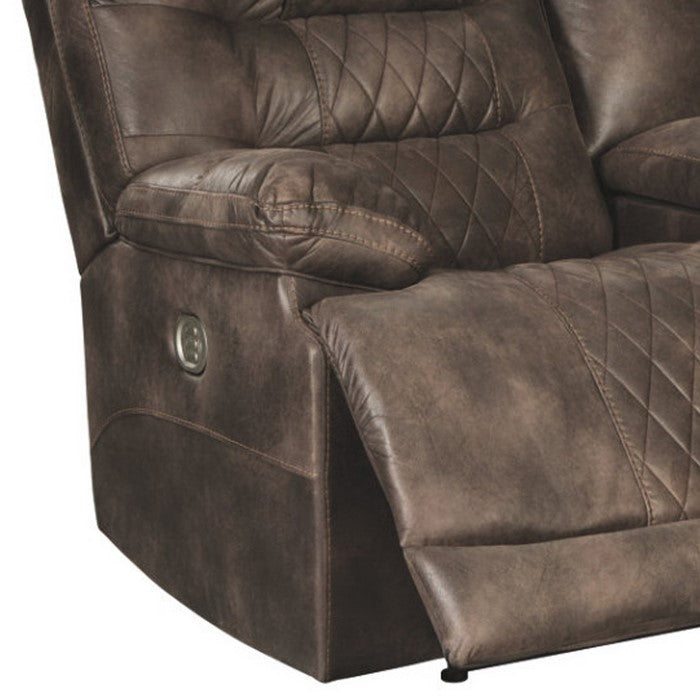 Leatherette Upholstered Metal Power Reclining Loveseat with Console and Adjustable Headrest, Brown