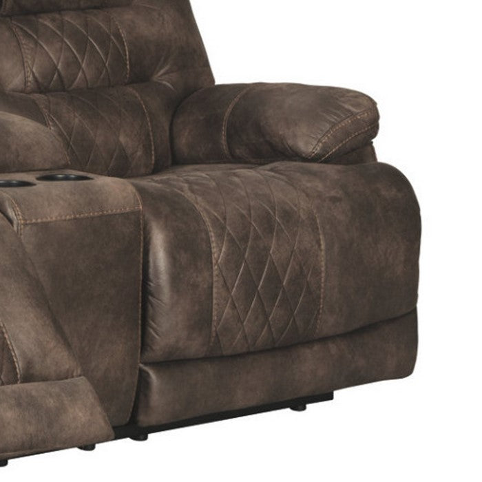 Leatherette Upholstered Metal Power Reclining Loveseat with Console and Adjustable Headrest, Brown