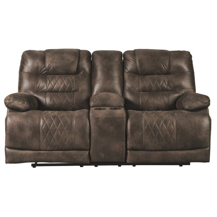 Leatherette Upholstered Metal Power Reclining Loveseat with Console and Adjustable Headrest, Brown