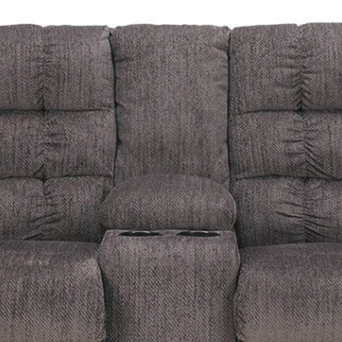 Tufted Chenille Upholstered Metal Reclining Loveseat with Console, Gray