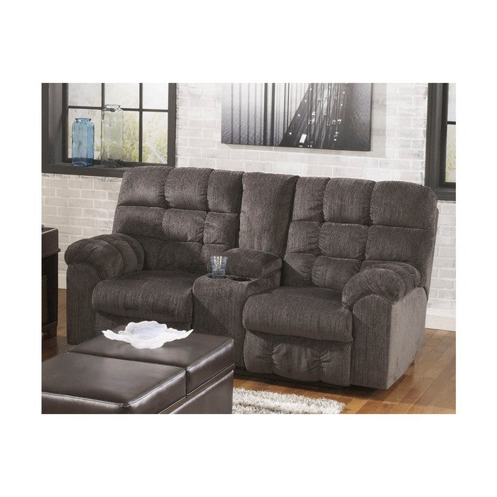Tufted Chenille Upholstered Metal Reclining Loveseat with Console, Gray