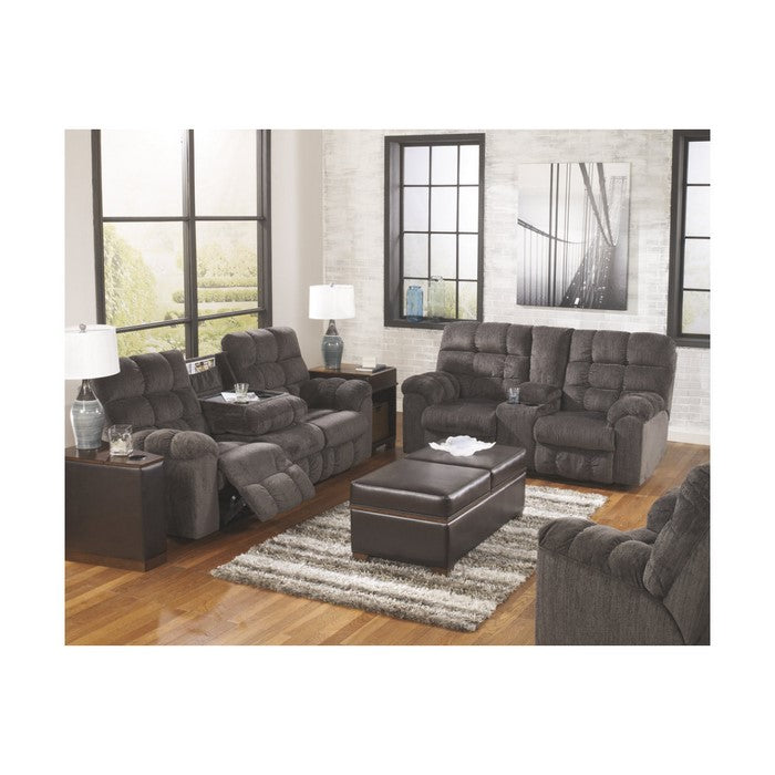 Tufted Chenille Upholstered Metal Reclining Loveseat with Console, Gray