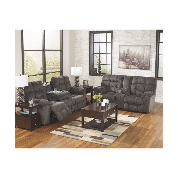Tufted Chenille Upholstered Metal Reclining Loveseat with Console, Gray