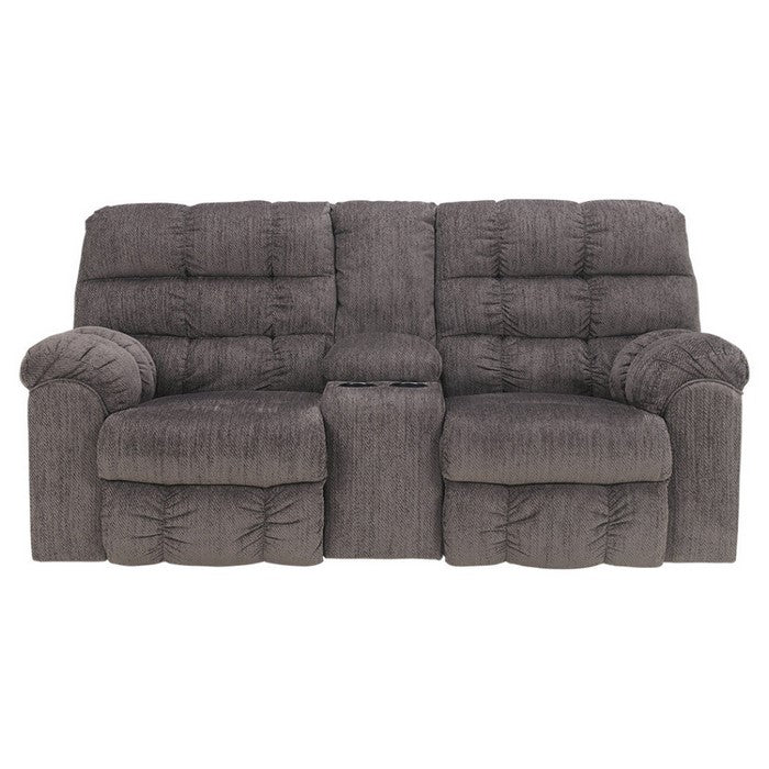 Tufted Chenille Upholstered Metal Reclining Loveseat with Console, Gray