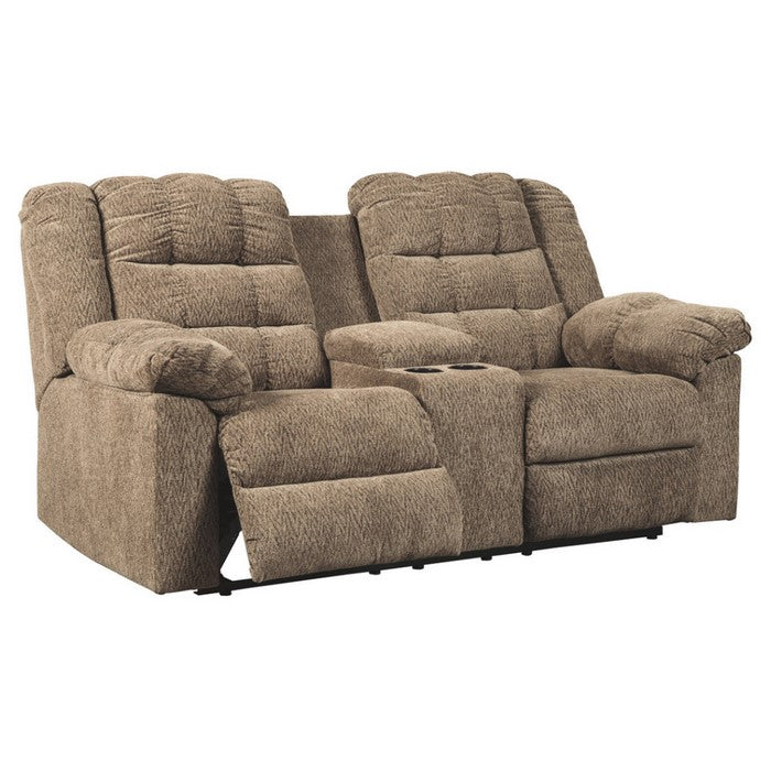 Tufted Polyester Upholstered Metal Reclining Loveseat with Console , Brown