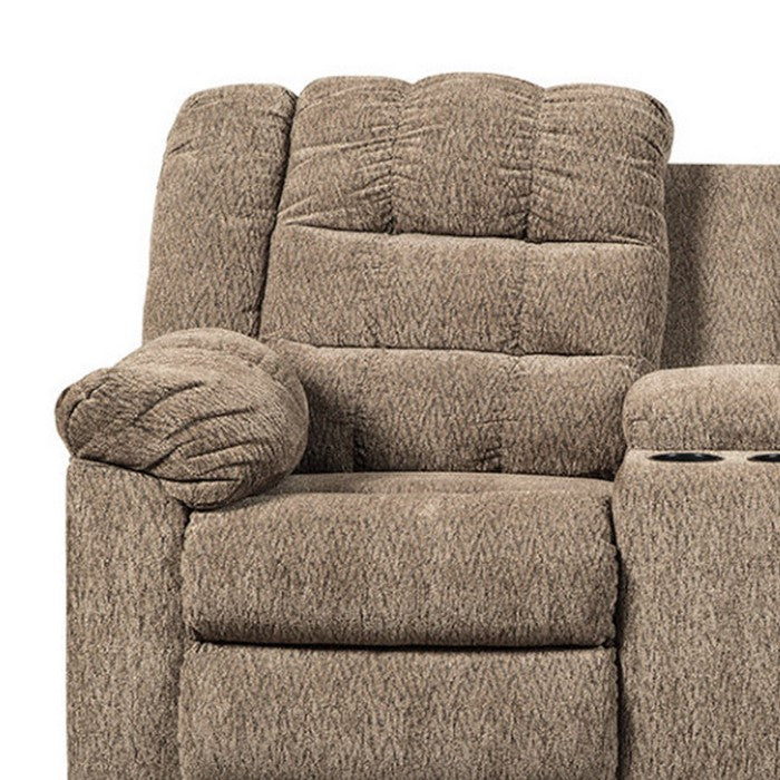 Tufted Polyester Upholstered Metal Reclining Loveseat with Console , Brown