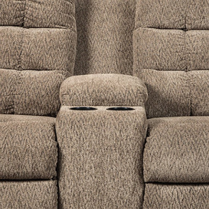 Tufted Polyester Upholstered Metal Reclining Loveseat with Console , Brown