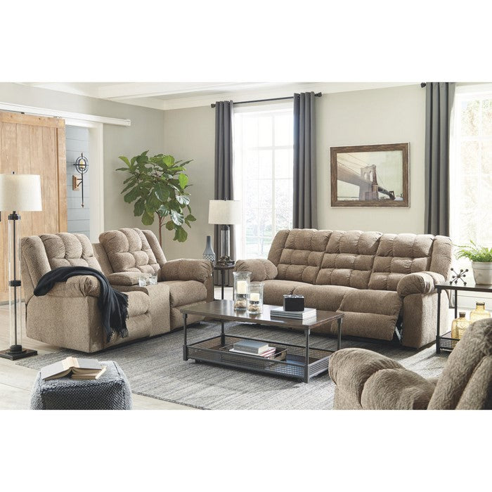 Tufted Polyester Upholstered Metal Reclining Loveseat with Console , Brown