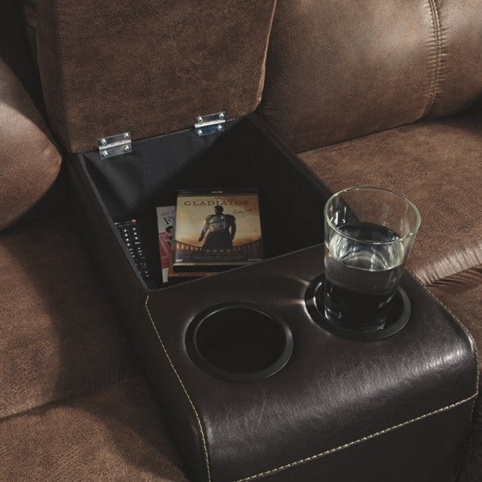 Polyester and Faux Leather Upholstered Metal Reclining Loveseat with Console , Brown