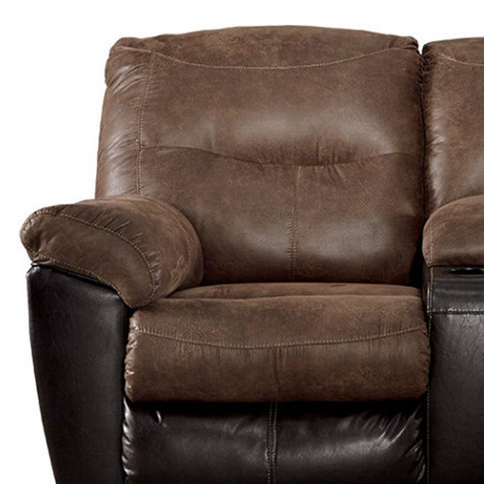 Polyester and Faux Leather Upholstered Metal Reclining Loveseat with Console , Brown