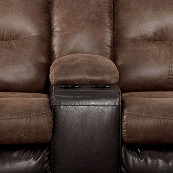 Polyester and Faux Leather Upholstered Metal Reclining Loveseat with Console , Brown