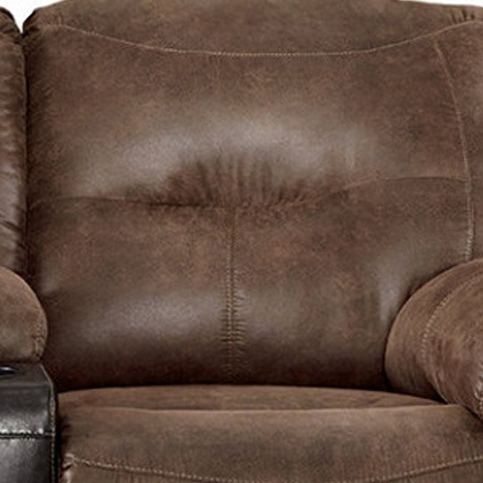 Polyester and Faux Leather Upholstered Metal Reclining Loveseat with Console , Brown