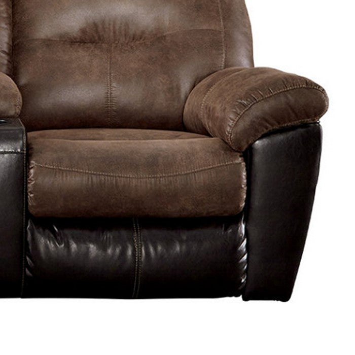 Polyester and Faux Leather Upholstered Metal Reclining Loveseat with Console , Brown