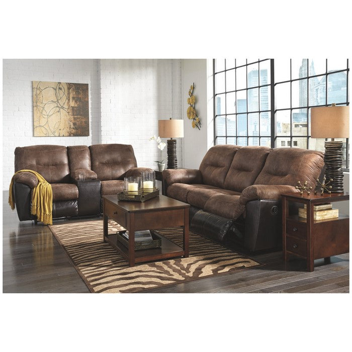 Polyester and Faux Leather Upholstered Metal Reclining Loveseat with Console , Brown