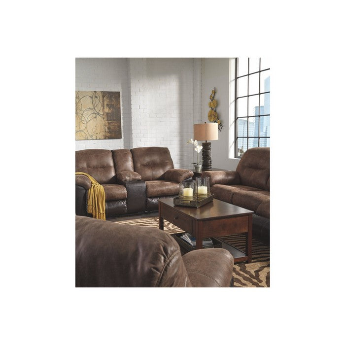 Polyester and Faux Leather Upholstered Metal Reclining Loveseat with Console , Brown