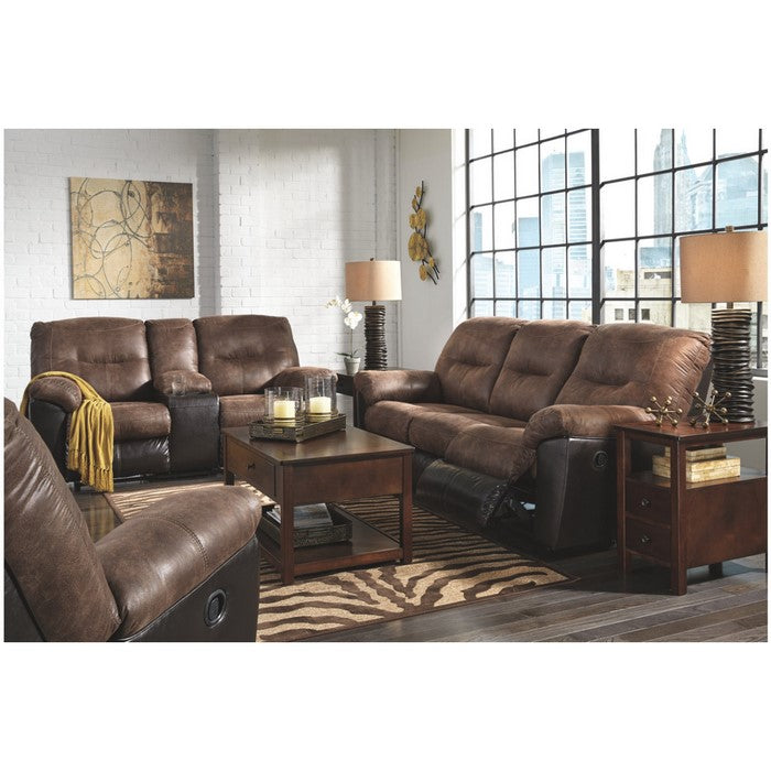Polyester and Faux Leather Upholstered Metal Reclining Loveseat with Console , Brown