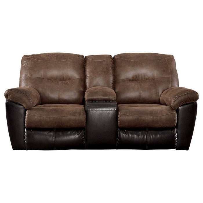 Polyester and Faux Leather Upholstered Metal Reclining Loveseat with Console , Brown