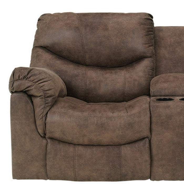 Faux Leather Upholstered Metal Reclining Loveseat with Console and Split Back Details, Brown