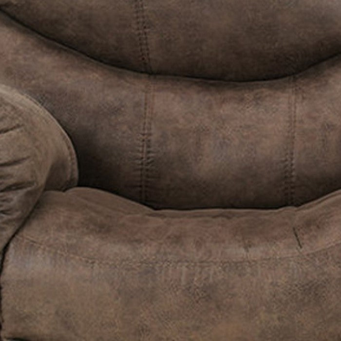 Faux Leather Upholstered Metal Reclining Loveseat with Console and Split Back Details, Brown