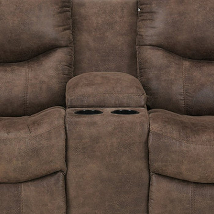 Faux Leather Upholstered Metal Reclining Loveseat with Console and Split Back Details, Brown