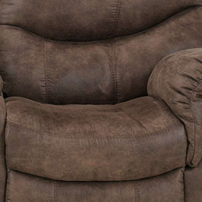Faux Leather Upholstered Metal Reclining Loveseat with Console and Split Back Details, Brown
