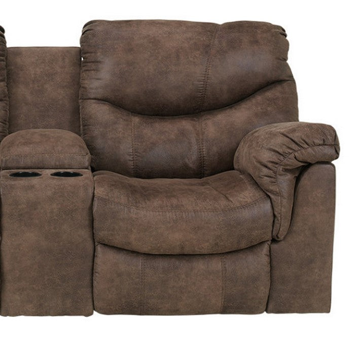 Faux Leather Upholstered Metal Reclining Loveseat with Console and Split Back Details, Brown