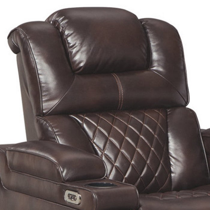 Leatherette Upholstered Metal Power Recliner with Adjustable Headrest, Brown