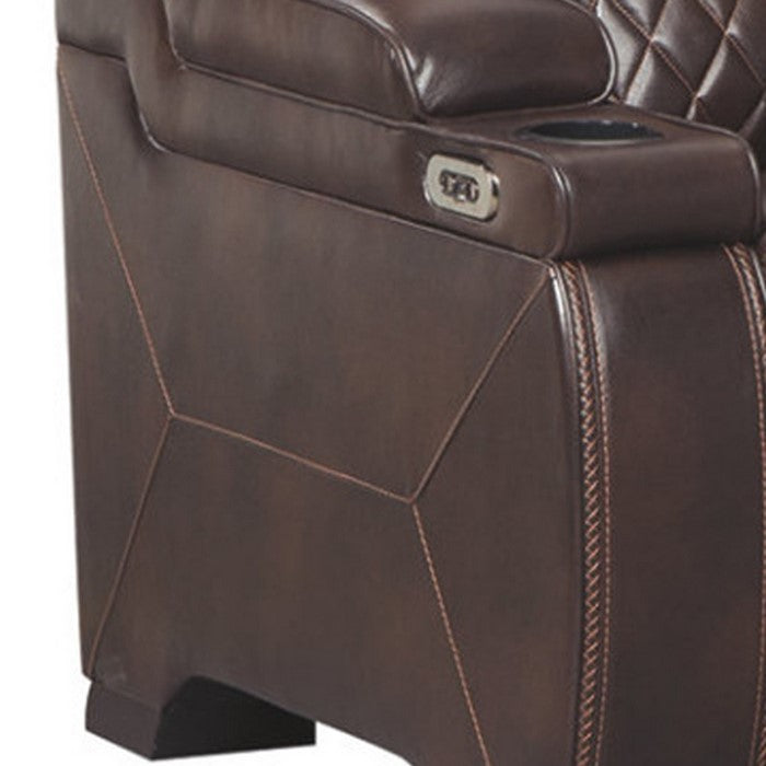 Leatherette Upholstered Metal Power Recliner with Adjustable Headrest, Brown