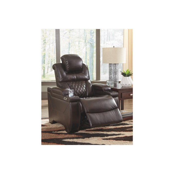 Leatherette Upholstered Metal Power Recliner with Adjustable Headrest, Brown