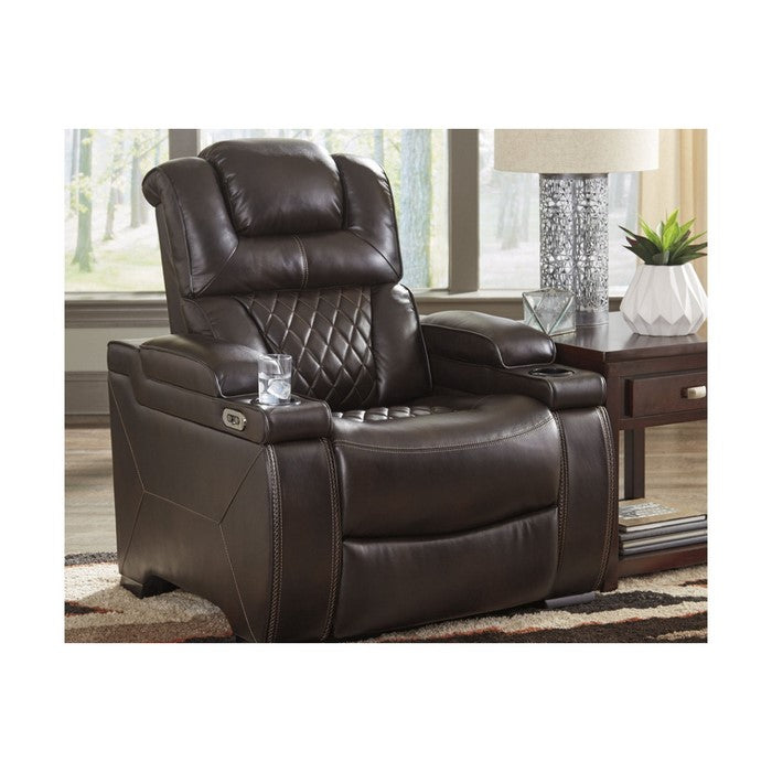 Leatherette Upholstered Metal Power Recliner with Adjustable Headrest, Brown