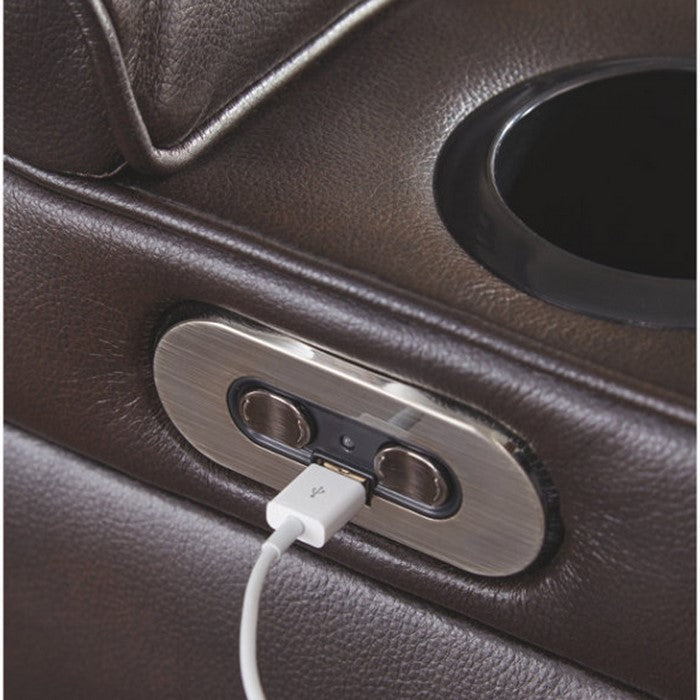 Polyester Upholstered Metal Power Reclining Loveseat with Console and Adjustable Headrest, Brown