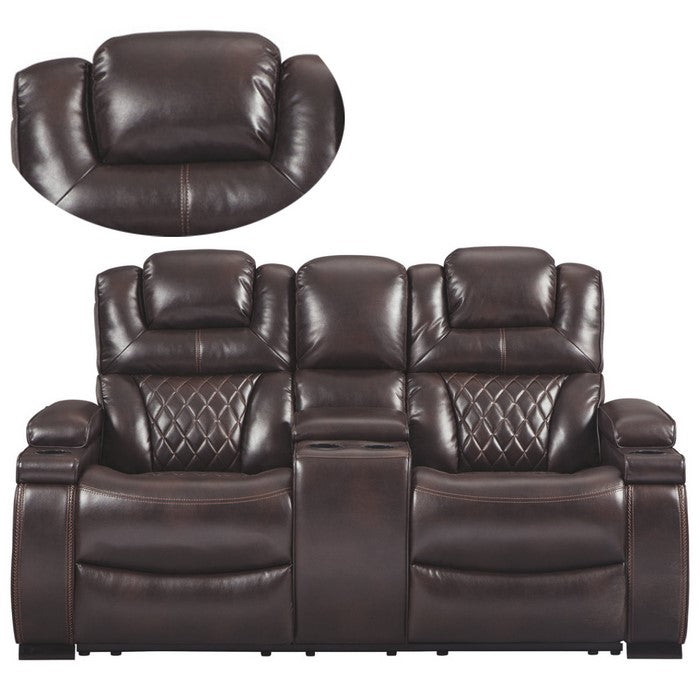 Polyester Upholstered Metal Power Reclining Loveseat with Console and Adjustable Headrest, Brown