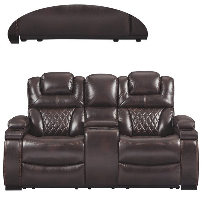 Polyester Upholstered Metal Power Reclining Loveseat with Console and Adjustable Headrest, Brown