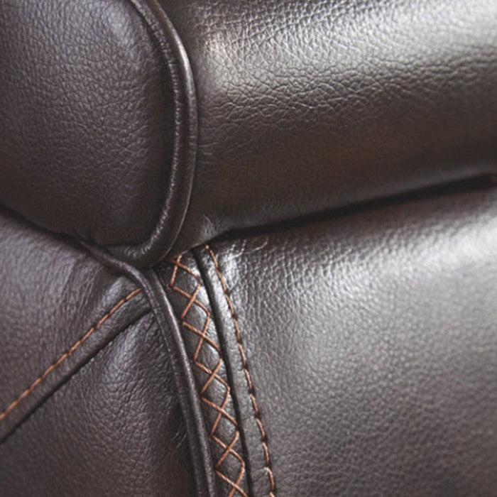Polyester Upholstered Metal Power Reclining Loveseat with Console and Adjustable Headrest, Brown