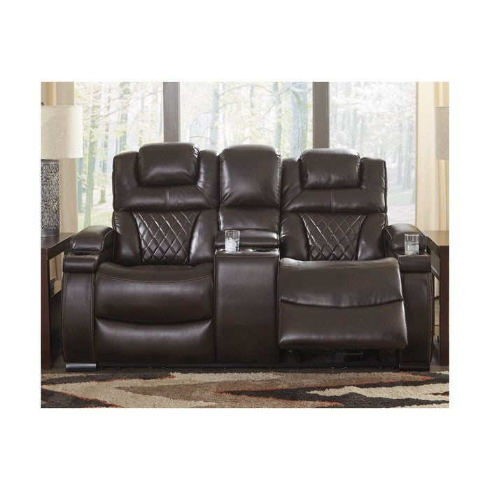 Polyester Upholstered Metal Power Reclining Loveseat with Console and Adjustable Headrest, Brown