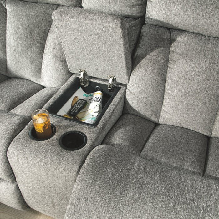 Polyester Upholstered Metal Reclining Loveseat with Console and Cup Holders, Gray