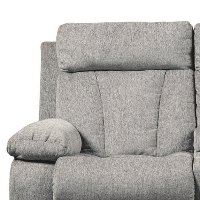 Polyester Upholstered Metal Reclining Loveseat with Console and Cup Holders, Gray