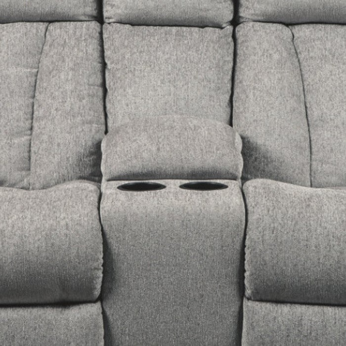 Polyester Upholstered Metal Reclining Loveseat with Console and Cup Holders, Gray
