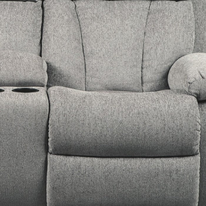 Polyester Upholstered Metal Reclining Loveseat with Console and Cup Holders, Gray