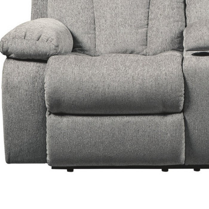 Polyester Upholstered Metal Reclining Loveseat with Console and Cup Holders, Gray