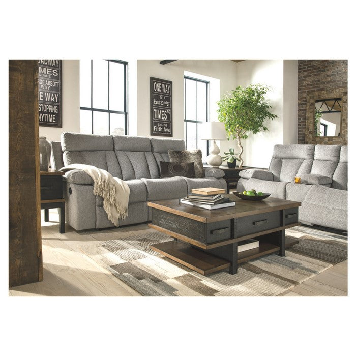 Polyester Upholstered Metal Reclining Loveseat with Console and Cup Holders, Gray