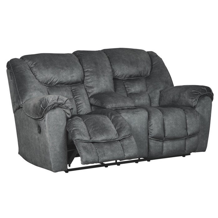 Polyester Upholstered Metal Reclining Loveseat with Lift Top Storage Console, Gray