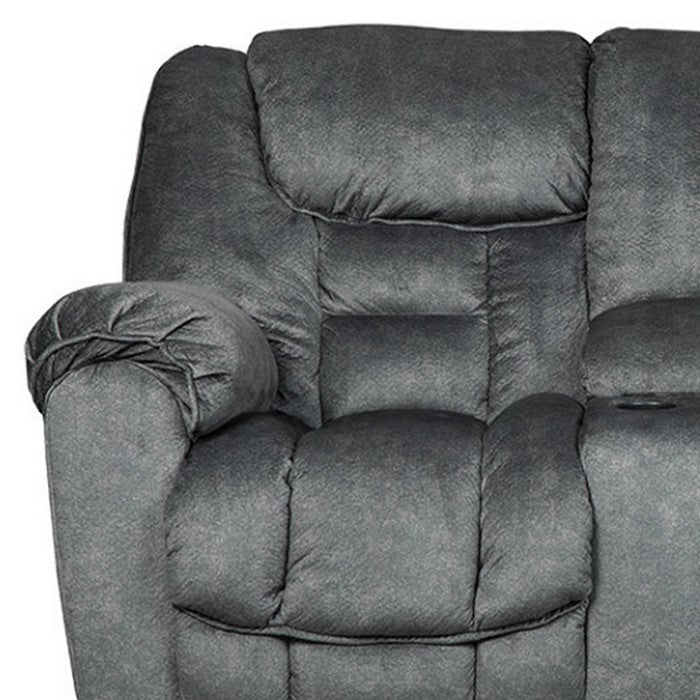 Polyester Upholstered Metal Reclining Loveseat with Lift Top Storage Console, Gray