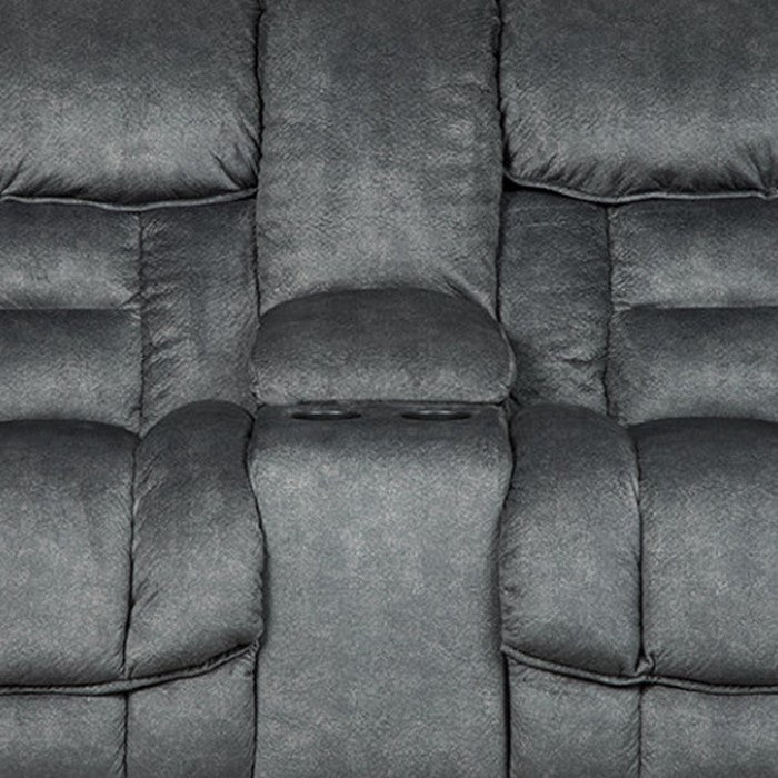 Polyester Upholstered Metal Reclining Loveseat with Lift Top Storage Console, Gray