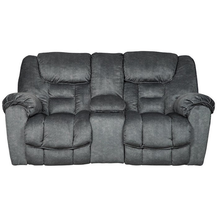 Polyester Upholstered Metal Reclining Loveseat with Lift Top Storage Console, Gray